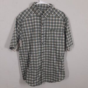 REI Shirt Mens L Blue Gray Check Outdoor Hiking Vented Button Up Fishing Stretch